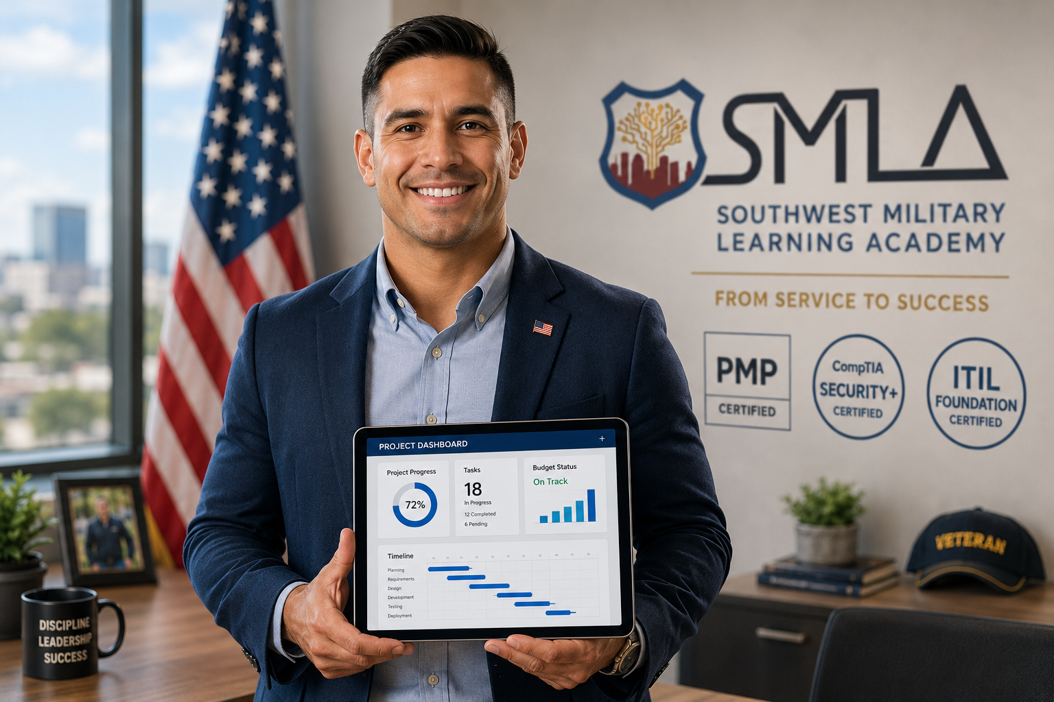 Military veteran in civilian office holding a tablet, with certification badges and a US flag, in blue and gold tones.
