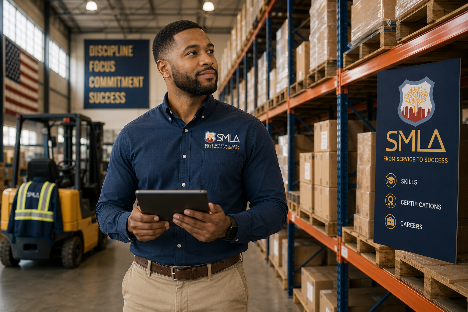 Military veteran reviewing inventory on a tablet in a distribution warehouse, earning CLT certification for veterans