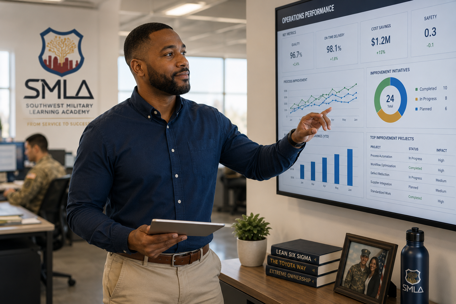 Military veteran reviewing a Lean Six Sigma process dashboard in a modern operations facility during a career transition