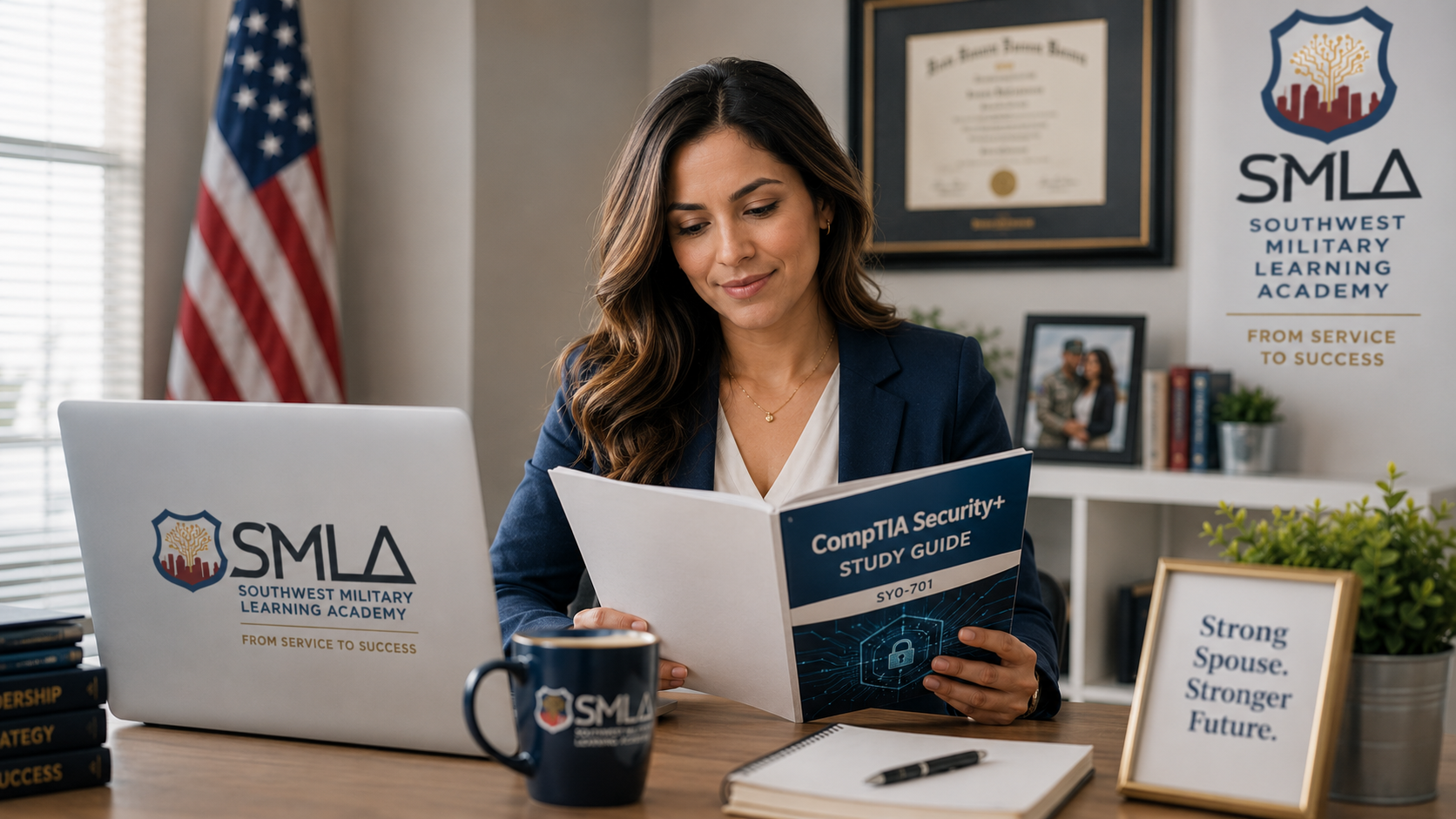 Military spouse reviewing a certification study guide at a desk, exploring MyCAA eligible programs 2026 for career training