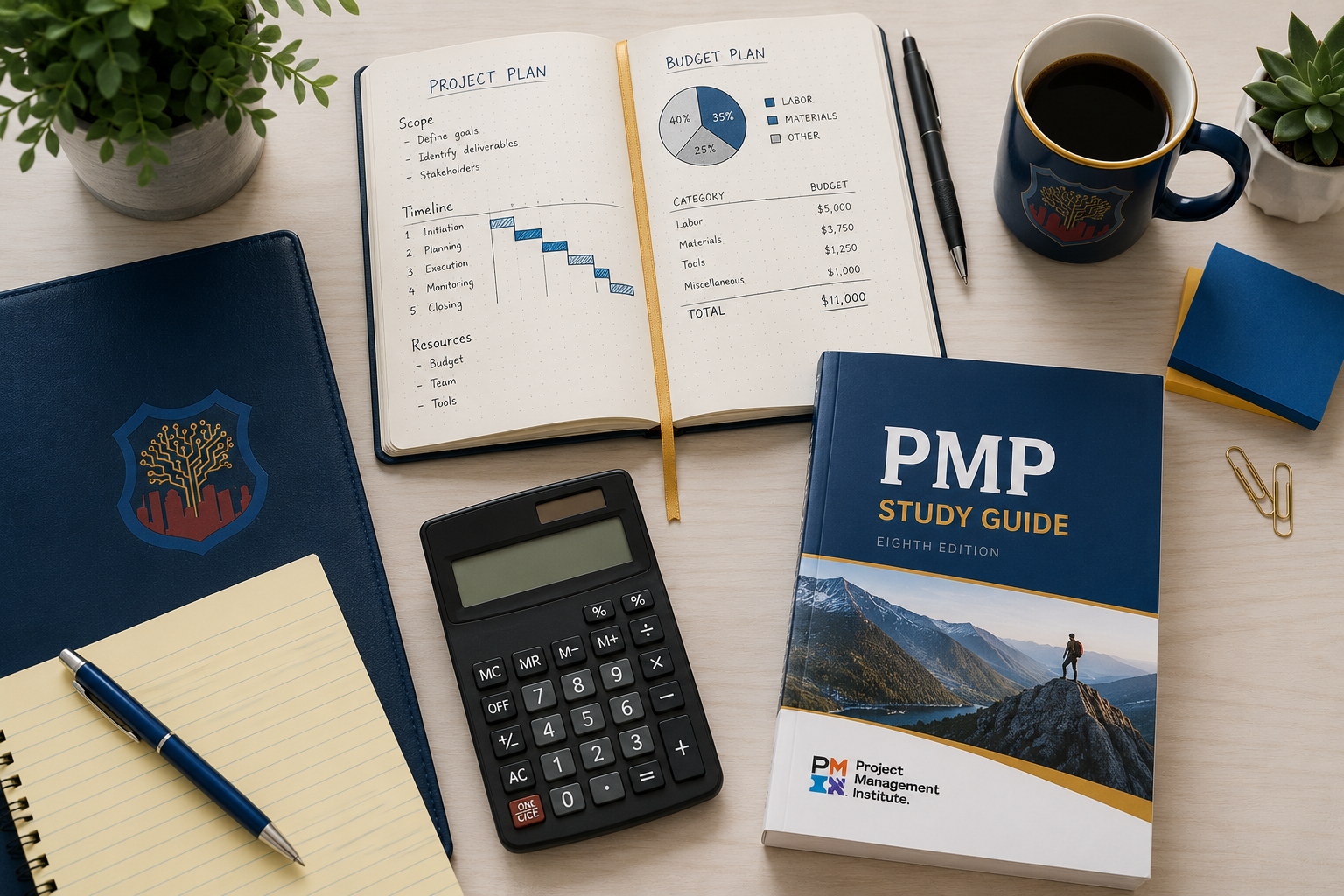 PMP study guide, calculator, and notebook on a desk with blue and gold accents showing PMP certification cost planning
