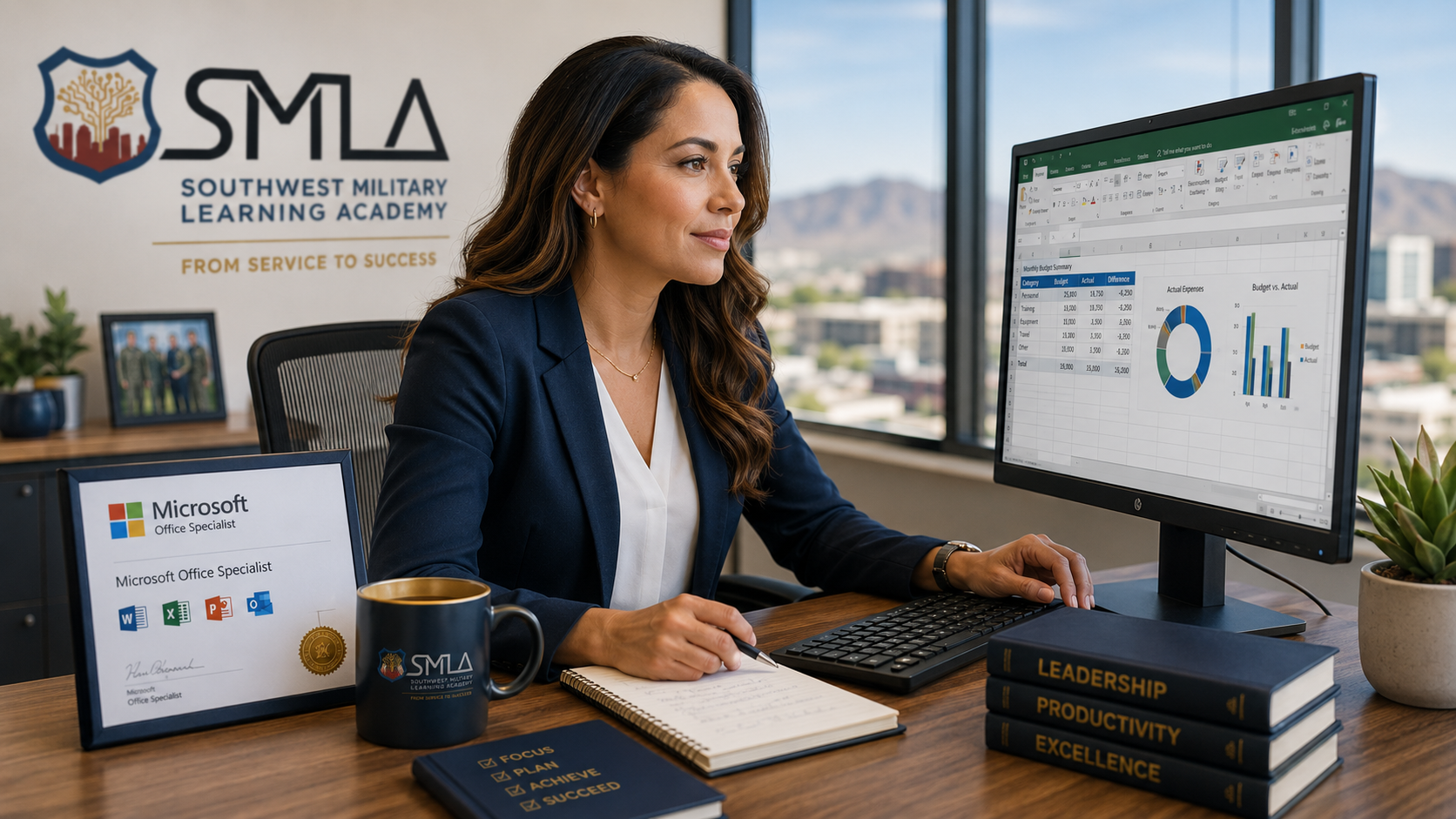 Administrative professional reviewing a spreadsheet with a Microsoft Office Specialist certification badge on the desk