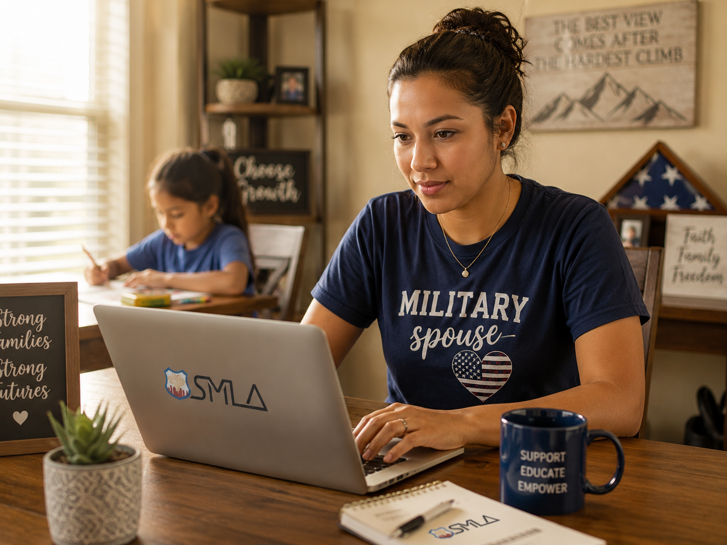 A military spouse works on a laptop at a dining table while a young child colors in the background, with warm afternoon sunlight filling the home and the SMLA logo displayed on the laptop.