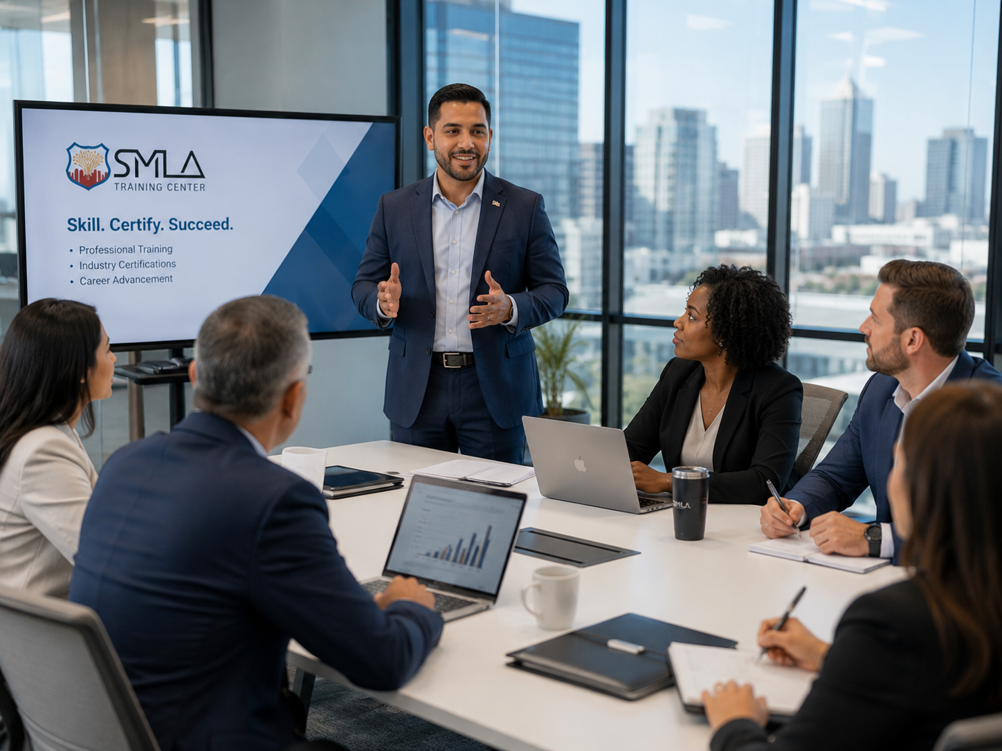 A diverse team of professionals gathers around a conference table as a presenter leads a collaborative business meeting in a bright glass-walled office, with the SMLA logo displayed on the presentation screen.