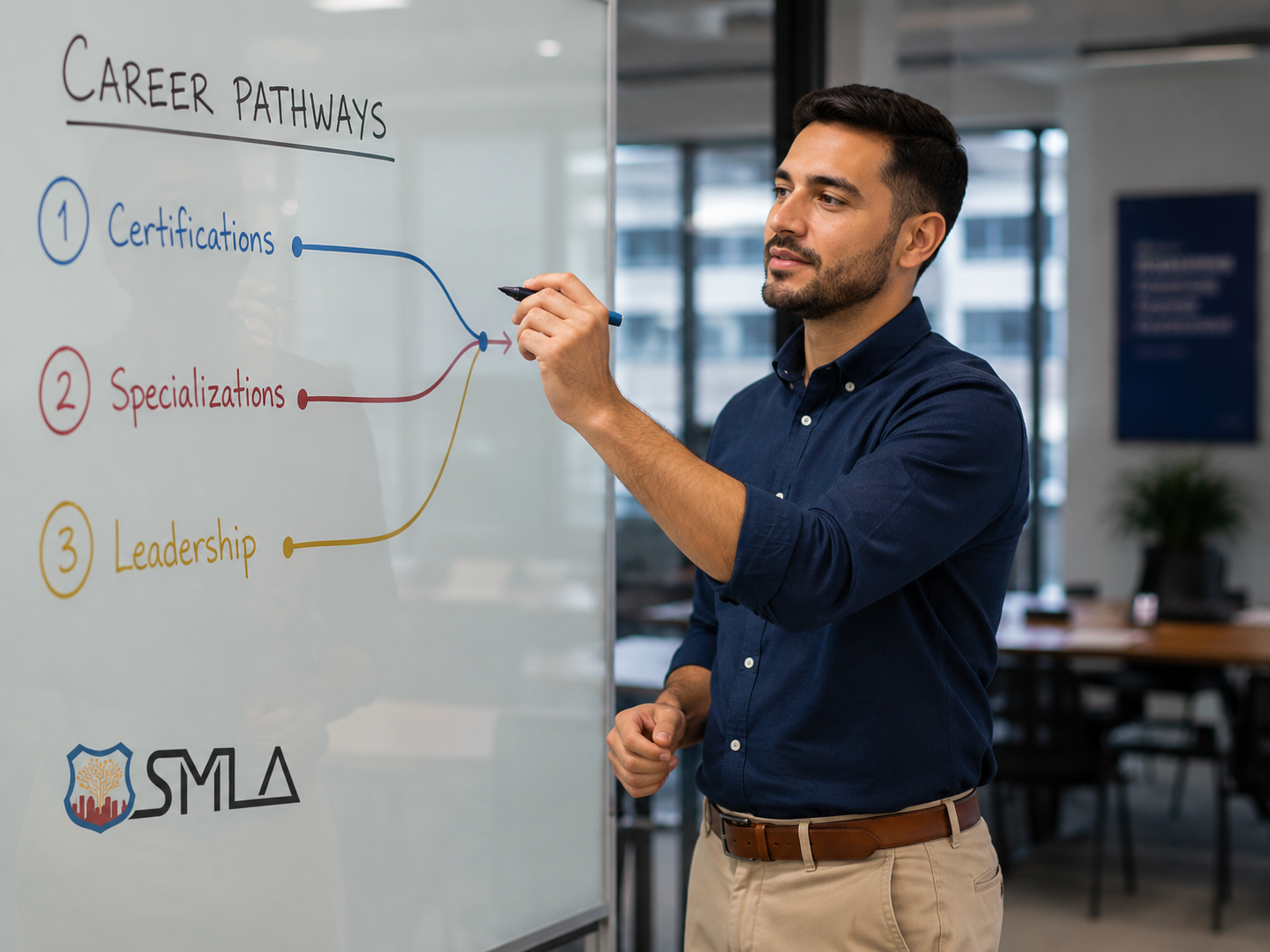A business professional stands at a glass whiteboard drawing three career pathways while planning with a marker in a bright modern office, with the SMLA logo displayed in the lower corner.