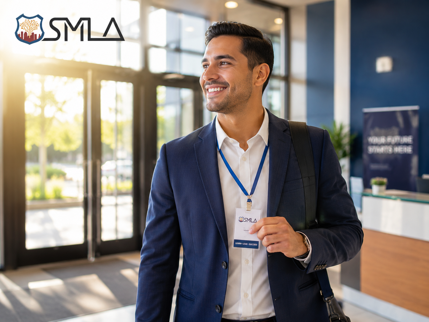 A smiling professional in business attire stands at the entrance of a modern office holding a lanyard badge, with warm morning sunlight streaming through glass doors and the SMLA logo displayed in the upper corner.