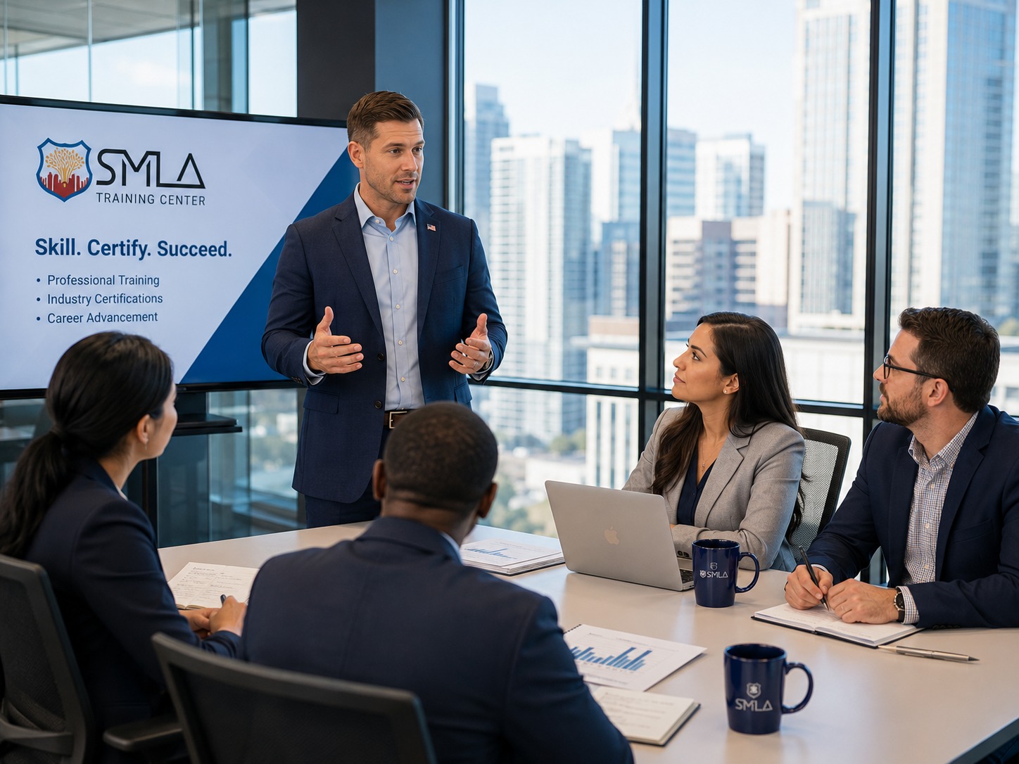 A diverse group of business professionals collaborates around a conference table while a veteran presenter leads a discussion in a bright glass-walled office, with the SMLA logo displayed on the presentation screen.