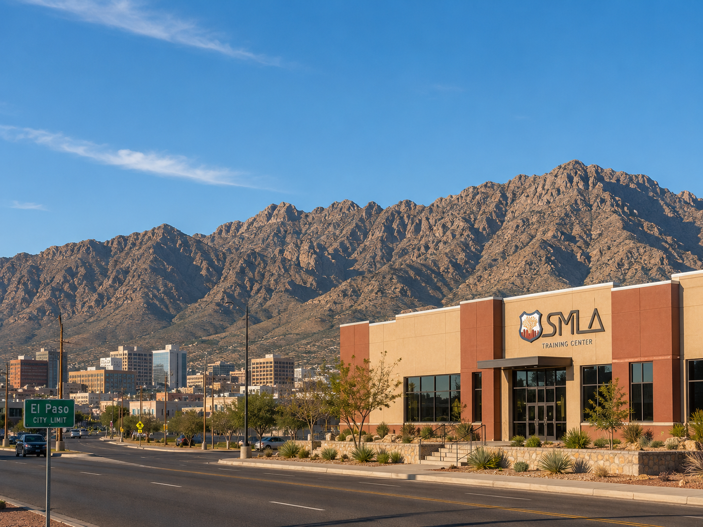 A modern SMLA training center sits along a sunlit El Paso street with the Franklin Mountains rising in the background beneath a clear blue sky, showcasing a welcoming educational environment in the desert Southwest.