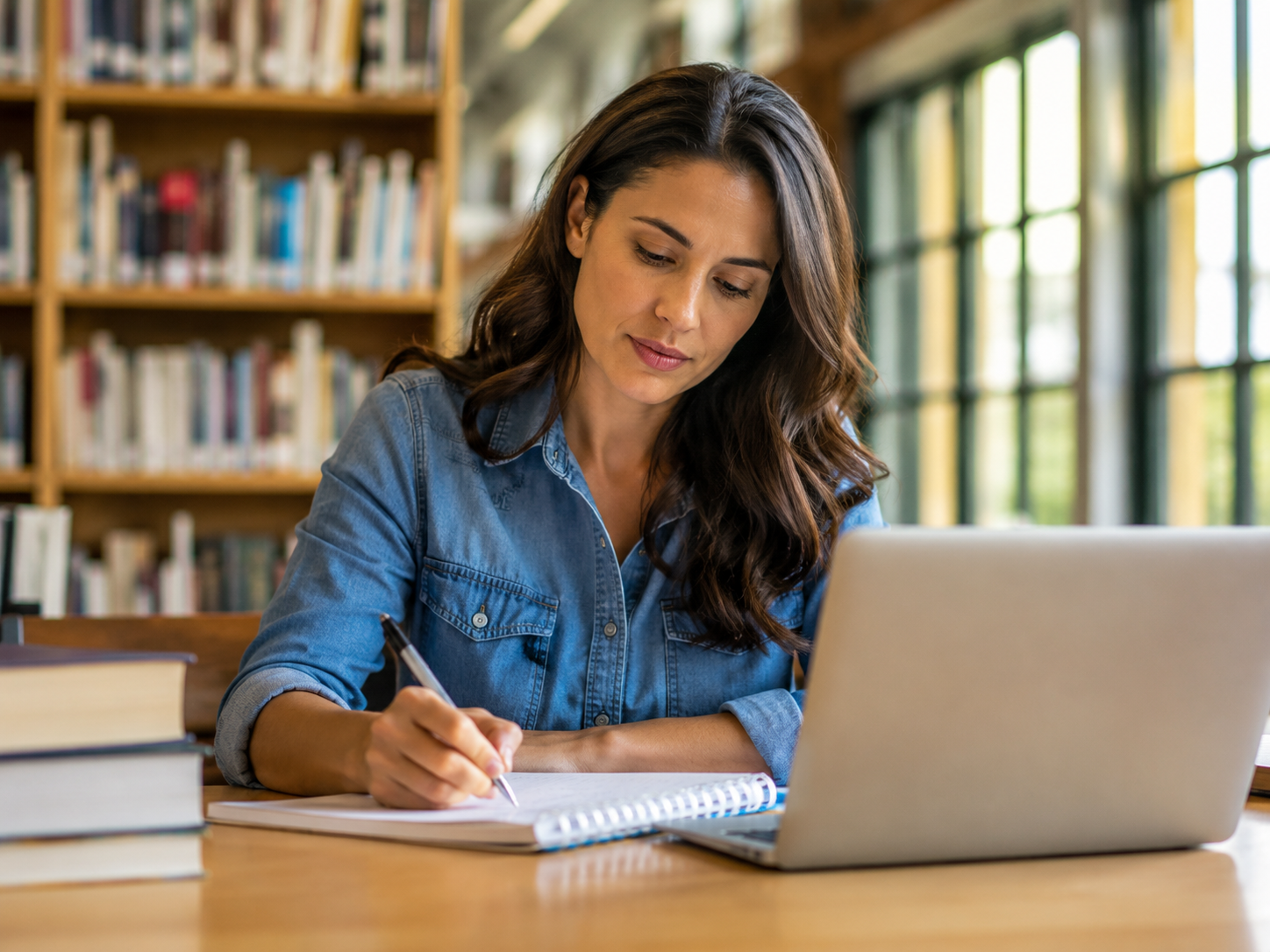 An adult learner studies at a bright library table with an open laptop and handwritten notes, illuminated by soft natural light from tall windows while blurred bookshelves create a calm, focused background.