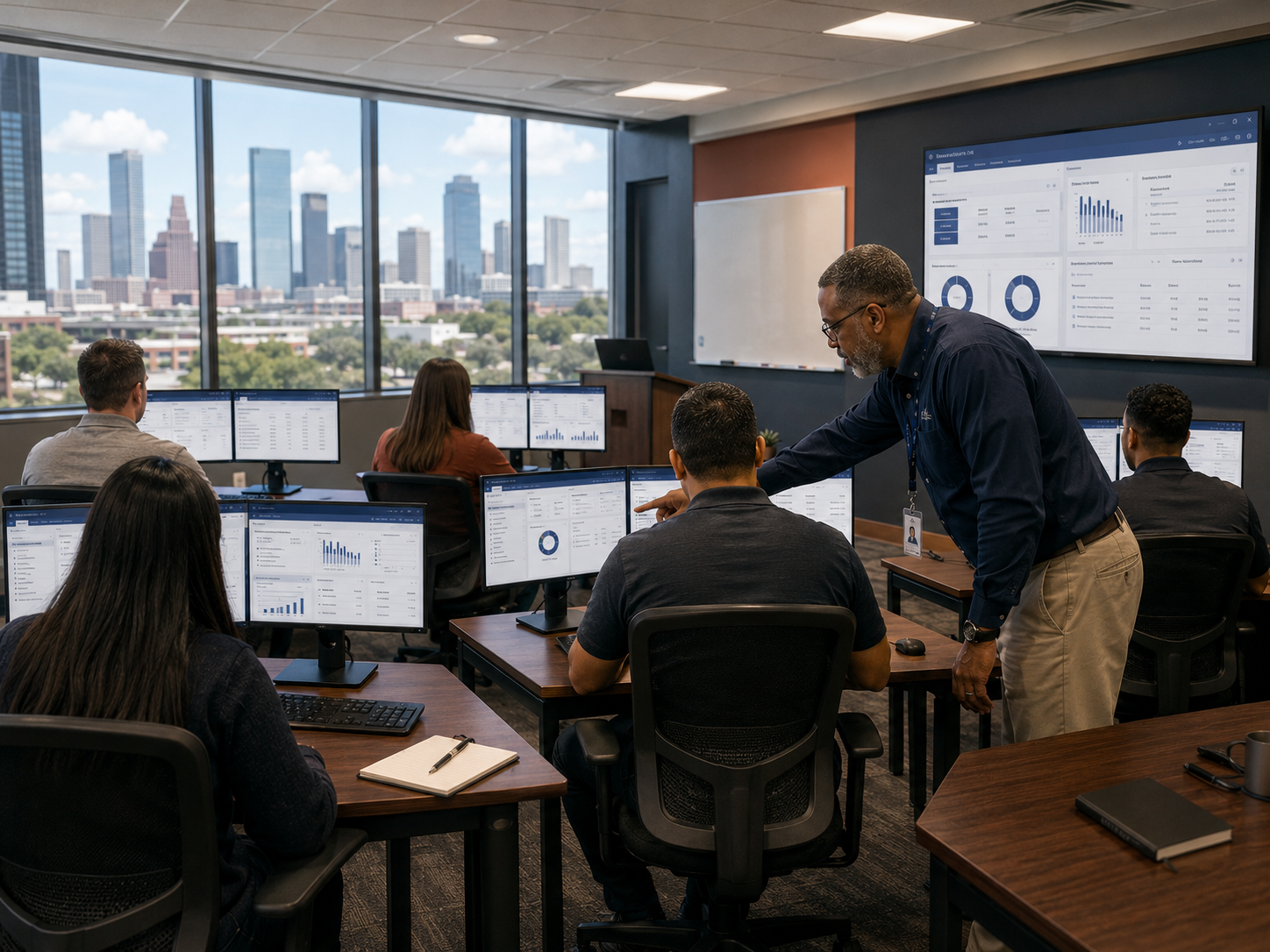 Adult students at dual-monitor workstations in a Houston training center as an instructor leans over one desk