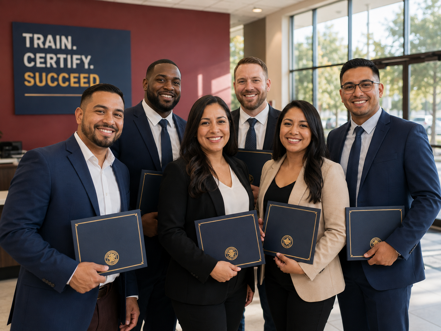 Adult graduates in business attire standing together in a bright training center lobby holding credential folders