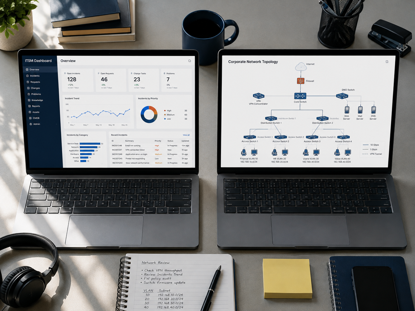 Two laptops side by side showing an IT service dashboard and a network diagram, hands paused between the keyboards