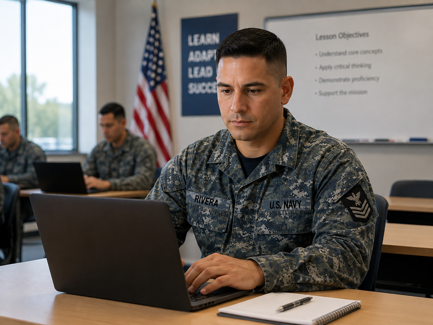 Service member in uniform working at a classroom laptop on base, an American flag blurred behind them