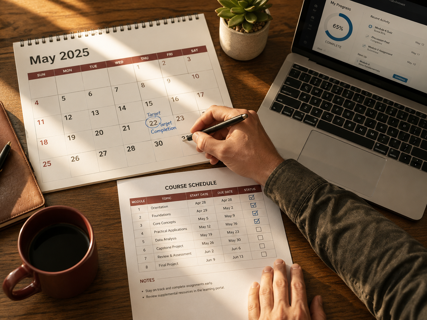 Hand marking a completion date on a wall calendar beside a printed course schedule, a laptop and a coffee cup