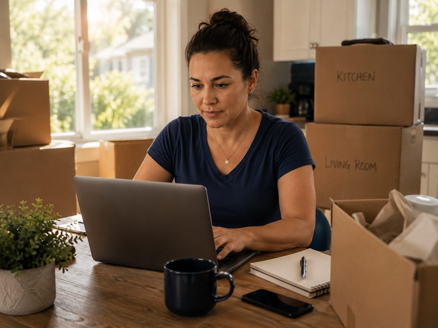 Woman working on a laptop at a kitchen table surrounded by half-unpacked moving boxes in soft afternoon light