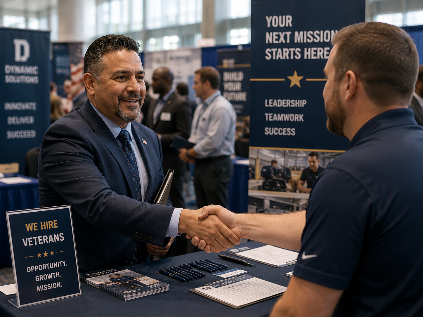 Veteran in a navy suit shaking hands with a recruiter across a job fair table lined with company banners