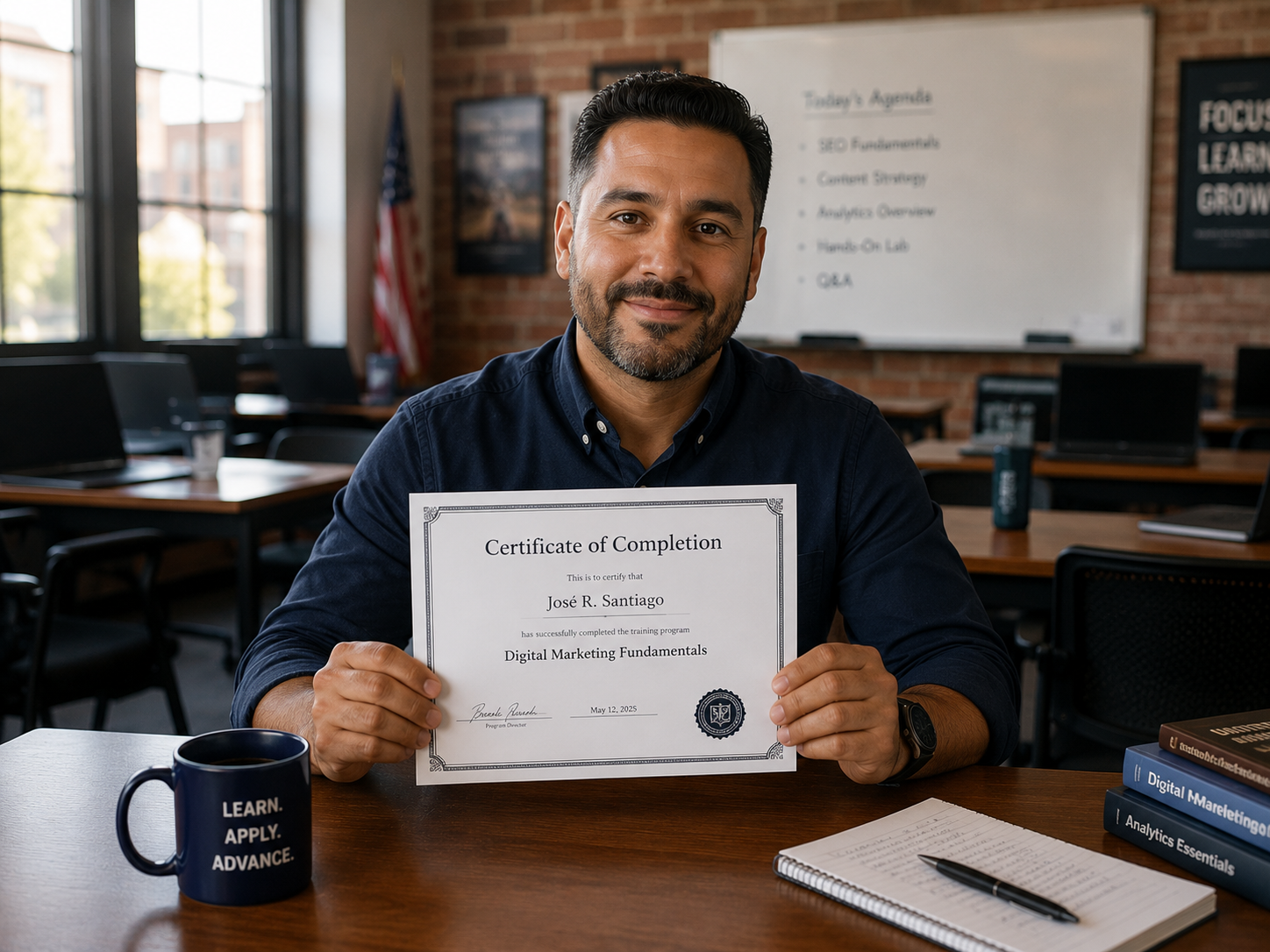 Adult student in a button-down holding a printed certification credential at a training-center table lined with laptops