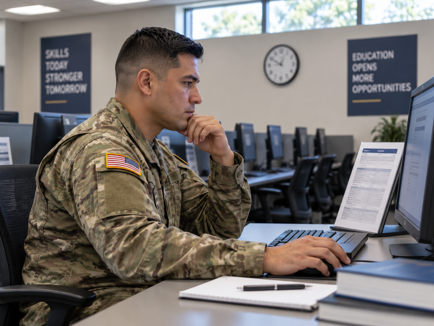 Soldier at a computer terminal in an education center with a printed reference sheet beside the keyboard