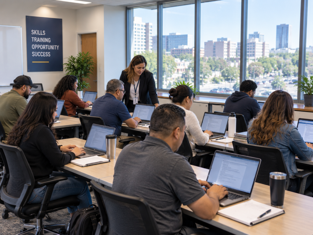 Adult learners at individual workstations in a bright training room with windows overlooking a city street