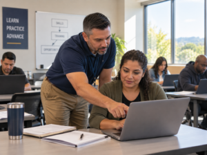 Instructor leaning over a table to work through a problem on screen with one adult learner