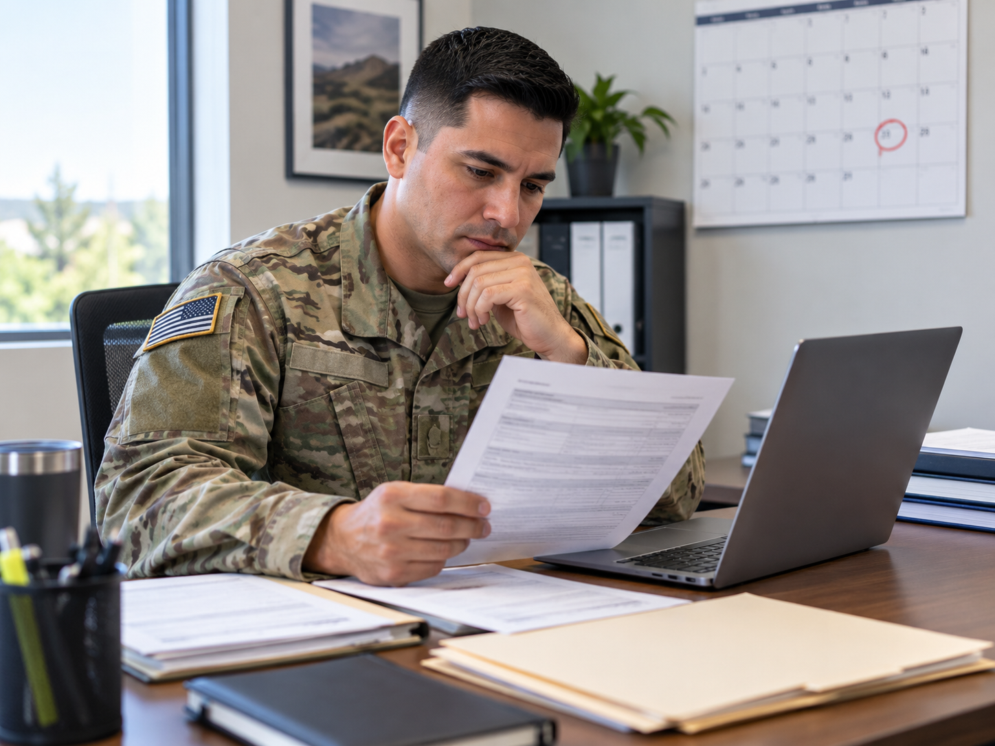 Service member in uniform reviewing a printed form beside a laptop with a calendar behind showing a circled date