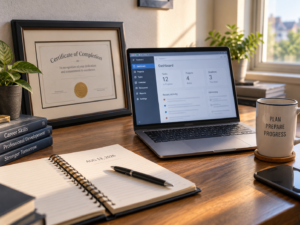 Framed certificate propped on a working desk beside an open laptop showing a software interface