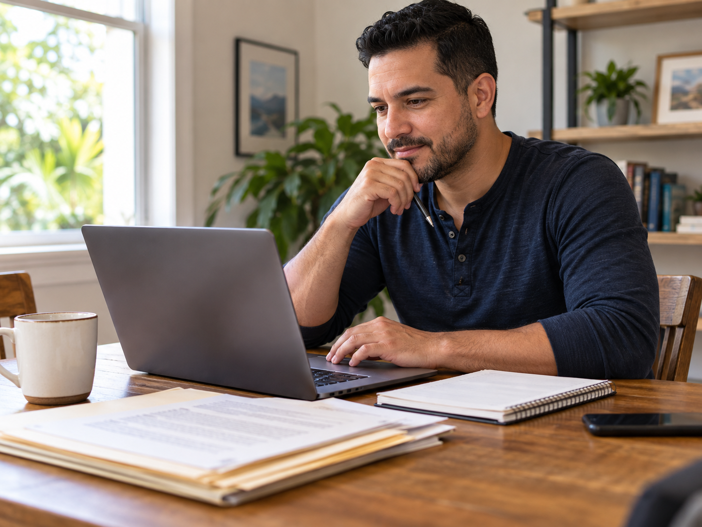 Adult learner at a table with a laptop and a notepad listing several handwritten funding options