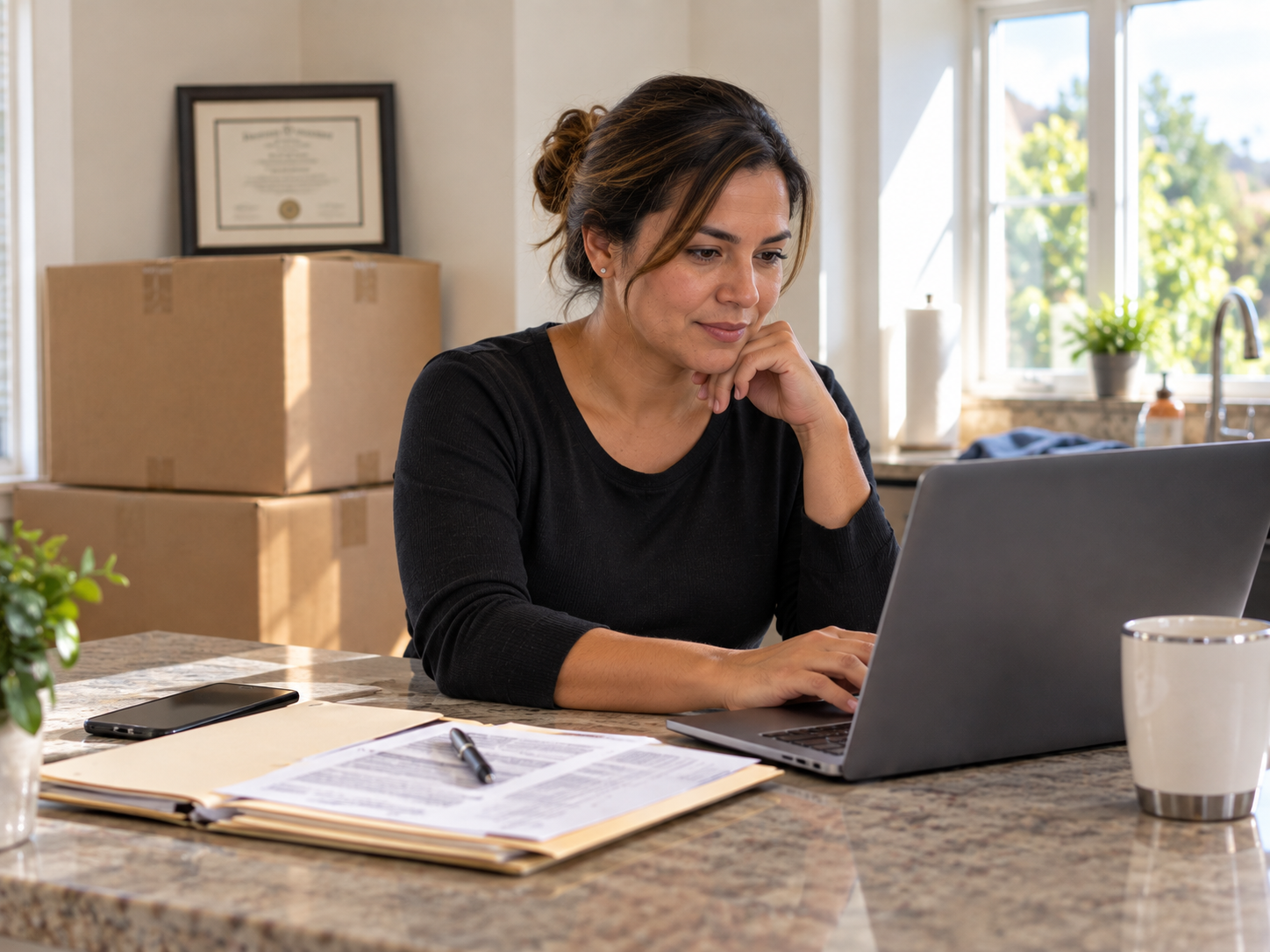 Woman working at a laptop on a kitchen counter beside stacked moving boxes with a framed certificate on top