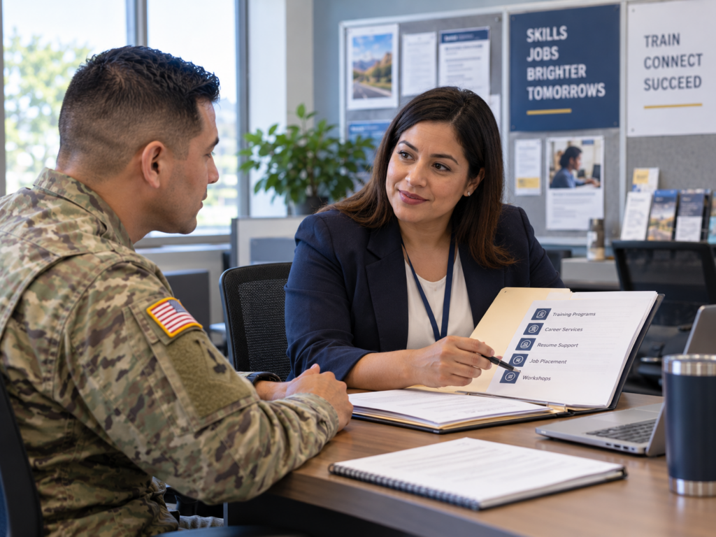 Career counselor and client seated across a desk in a workforce center with an open folder between them